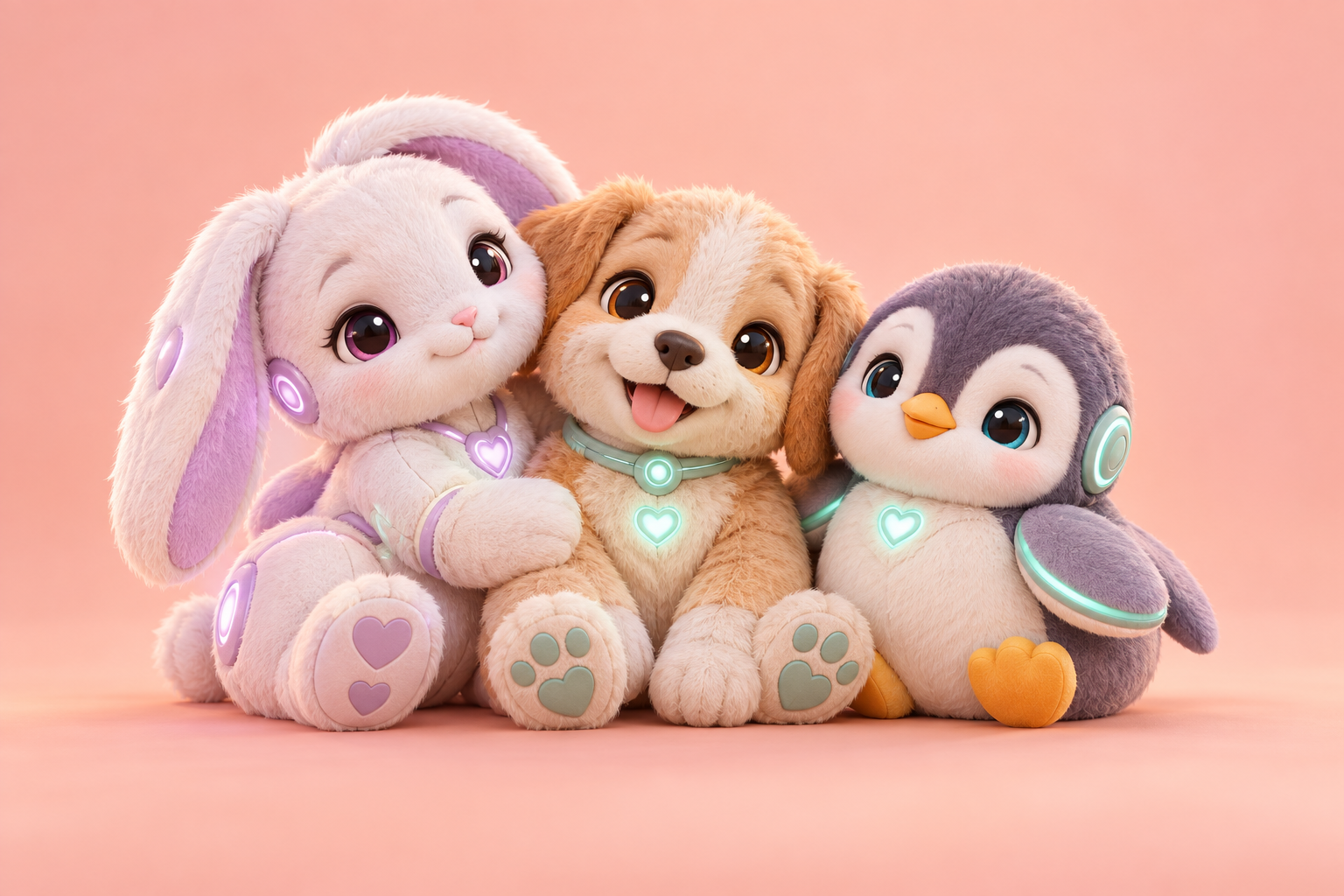 Concept artwork of cuddly bunny, puppy and penguin robot friends